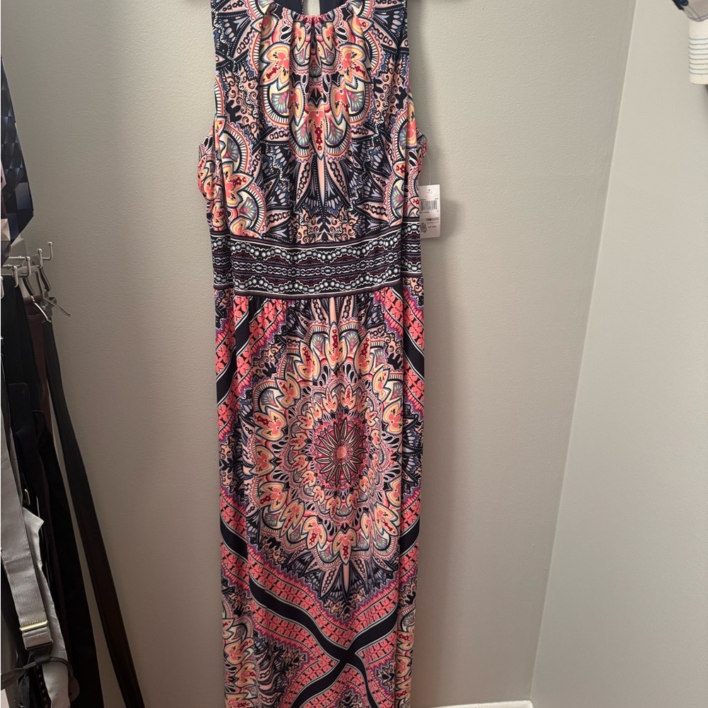 London Times Coral, Navy & Cream Mandala Print Maxi Dress